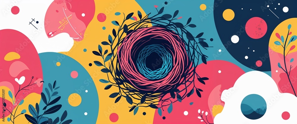 Poster bird nest pattern on colorful plain background digital abstract art work illustration design