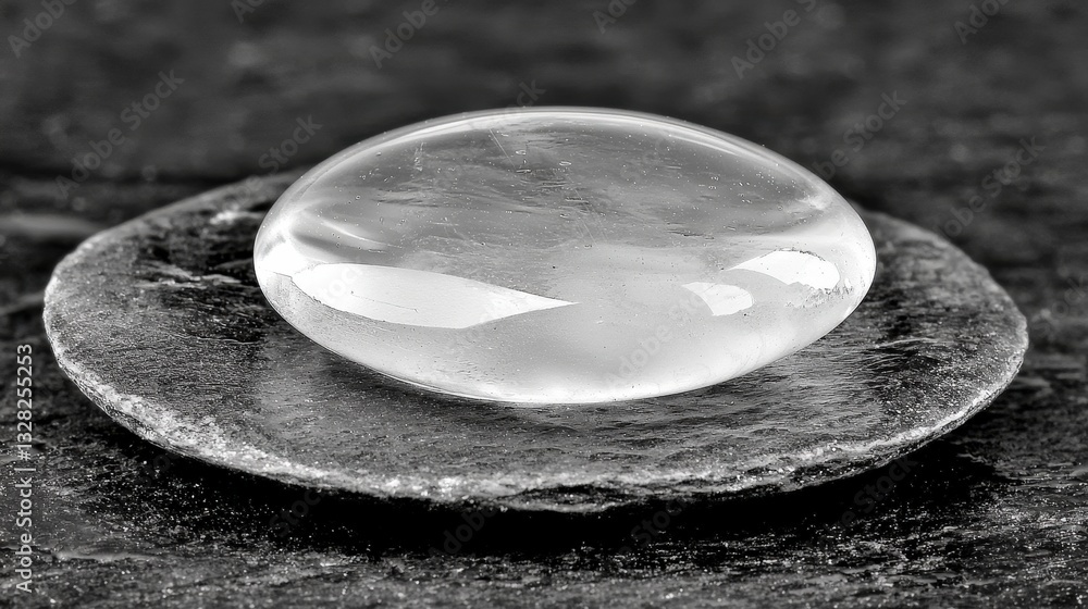 Poster a colorful soap bubble resting on a textured rock surrounded by nature and natural elements