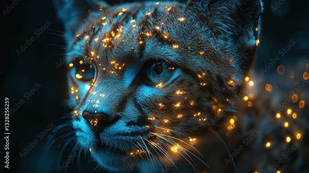 Poster close-up of a lynx with glowing particles.