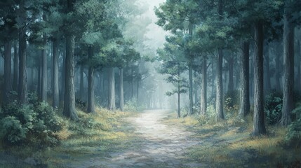 Obraz premium misty path through a dense pine forest, where the scent of pine resin fills the air.
