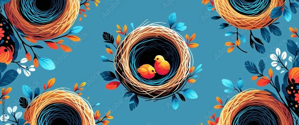 Poster bird nest pattern on cyan plain background digital abstract art work illustration design