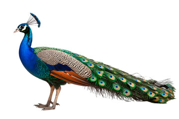 Obraz premium Detailed Image of Peacock with Vibrant Plumage Feathers Against Transparent Background Captivating Portrait of Bird Wildlife with Long Ornamental Tail