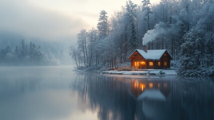 Fototapeta premium Cozy cabin on snowy lake at dawn.
