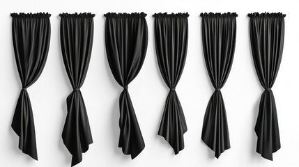 Black curtains, various drapes, white background, interior design
