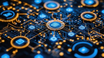 Fototapeta premium High-tech circuit board featuring a bright blue light illuminating the intricate electronic components