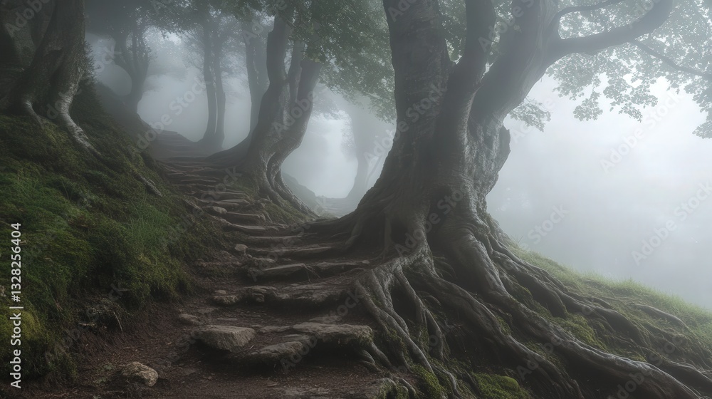 Poster woodland trail with ancient trees whose twisted roots form natural steps along the path