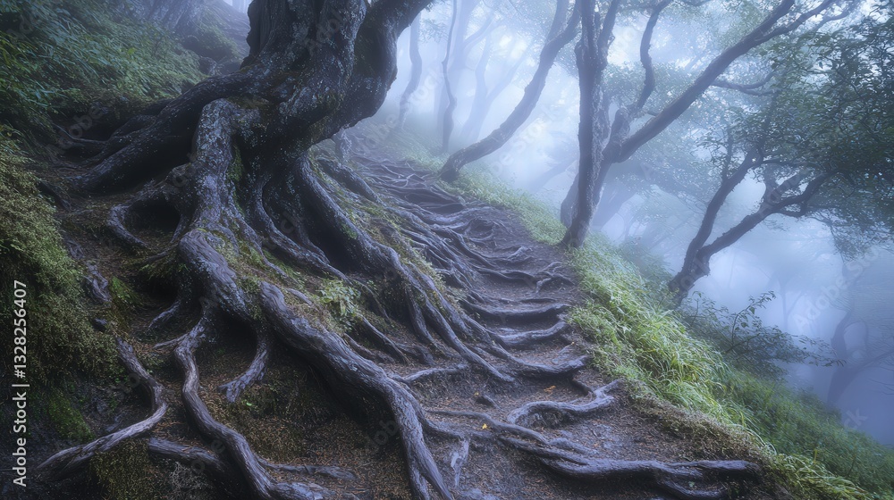 Poster woodland trail with ancient trees whose twisted roots form natural steps along the path