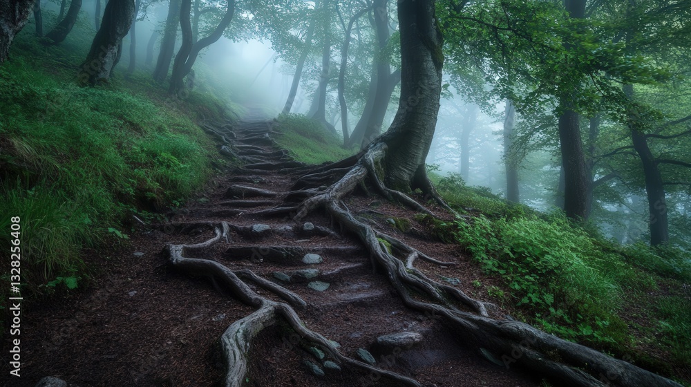 Poster woodland trail with ancient trees whose twisted roots form natural steps along the path