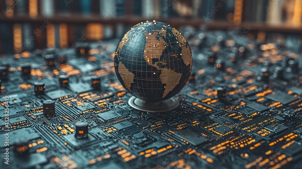 Poster globe on circuit board; global network concept.