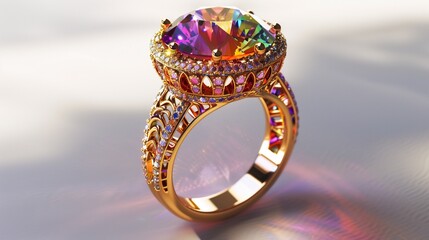 A magnificent rainbow-colored gemstone ring with intricate details, isolated on a pure white surface.