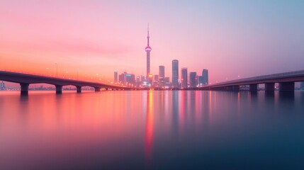 Obraz premium capture bustling megacity skyline at dusk with shimmering skyscrapers and neon lights reflecting in nearby water against
