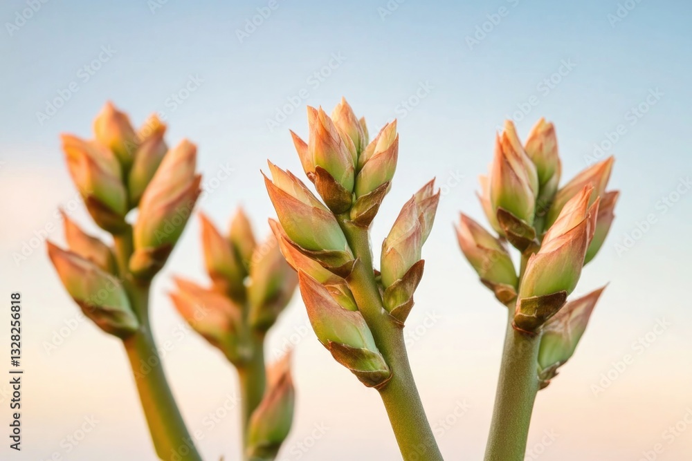 Poster capture close-up image of budding tree branches against backdrop of serene sky with extensive copy s