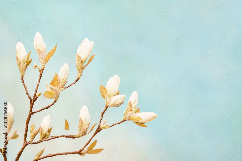 Poster capture close-up image of budding tree branches against backdrop of serene sky with extensive copy s