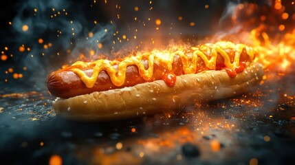 A hot dog with ketchup and mustard on fire.