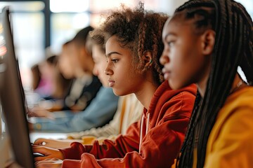 High Resolution Picture of Teen Multiethnic Students Using Computer for Study in Classroom