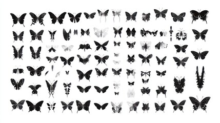 Naklejka premium Diverse black butterflies collection, studio shot, white background, insect study