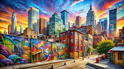Obraz premium Panoramic Watercolor Graffiti Cityscape: Vibrant Murals & Skyscrapers