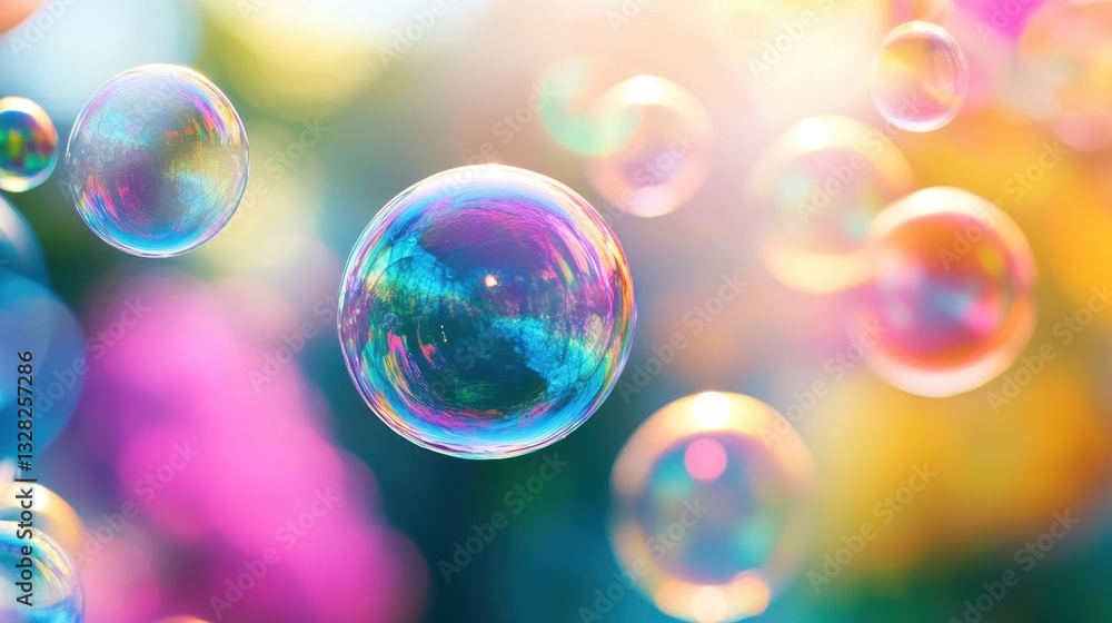 Poster vibrant iridescent soap bubbles float against a colorful bokeh background. ideal for themes of joy, 
