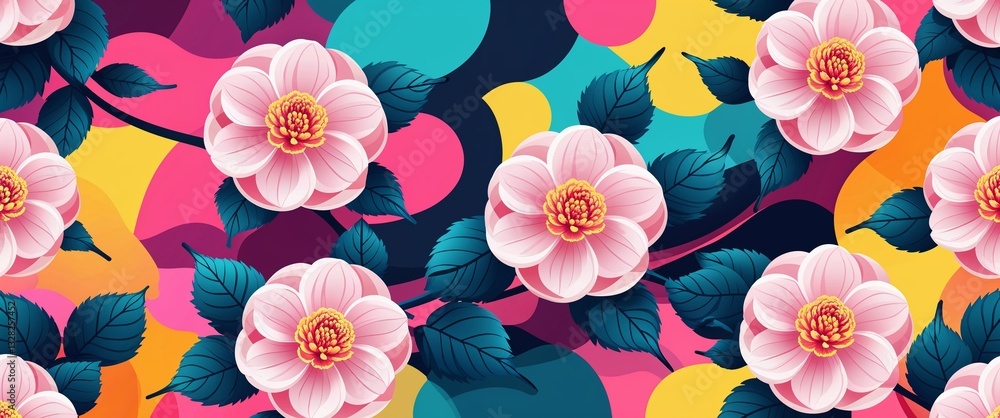 Poster camellia pattern on colorful plain background digital abstract art work illustration design