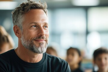 capture heartwarming image of passionate teacher in classroom setting engaging attentively with group of curious students