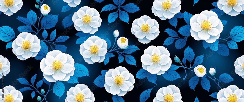 Poster camellia pattern on cyan plain background digital abstract art work illustration design