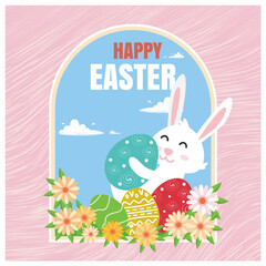 Happy Easter greetings with cute bunnies, eggs, and colorful flowers.