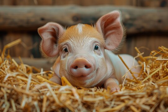 Portrait of a Cute Small Piglet on the Farm Group of Mammals Waiting for Feed Swine in the Stall - Powered by Adobe