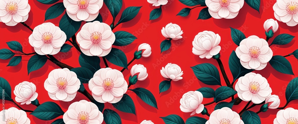 Poster camellia pattern on red plain background digital abstract art work illustration design