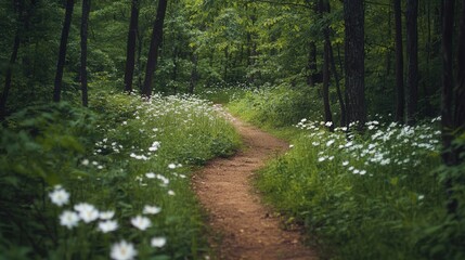 Obraz premium hidden path that cuts through dense forest and opens up to a small, secluded glade filled with wildflowers.