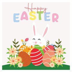 Easter Day greeting card with bunnies, flowers, and colorful eggs.