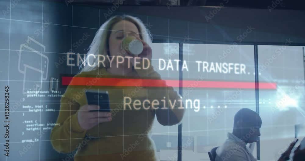 Poster encrypted data transfer animation over people working in modern office setting