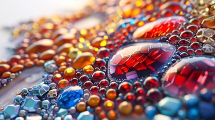 A rich, colorful mosaic piece made of sparkling stones, placed on a smooth white background.