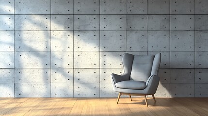 modern minimalist living room with gray armchair on wood floor against concrete wall