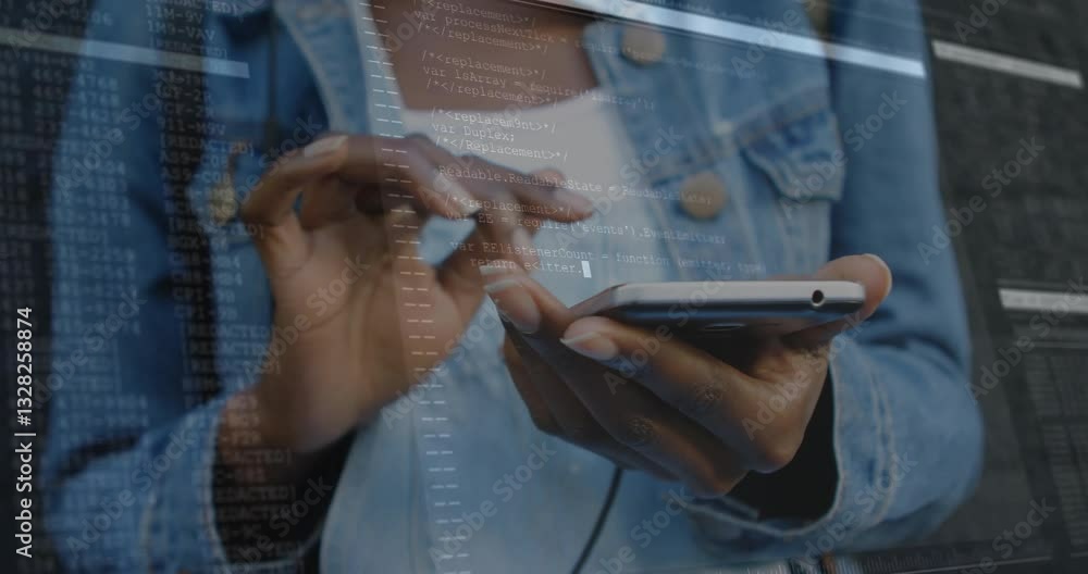 Poster using smartphone, hands working on animation coding in technology setting