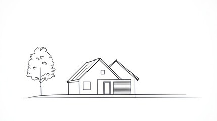 Fototapeta premium Simple sketch of a house and tree, architectural design, suburban home