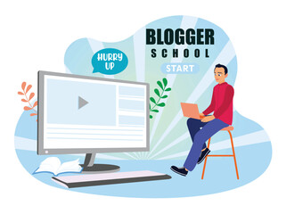 A man uses a laptop and takes part in a blogger school program.