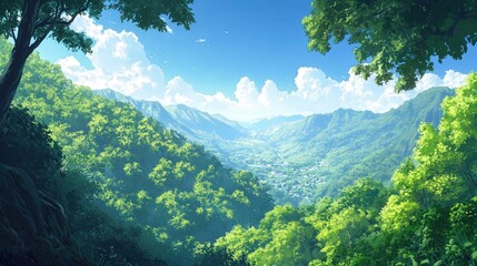 valley filled with rain trees, where their leafy canopy creates a vast ocean of green below a clear blue sky