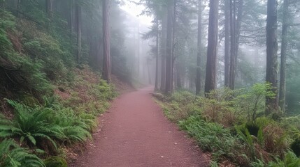 Naklejka premium misty morning trail deep in the forest, where soft sunlight filters through the dense canopy