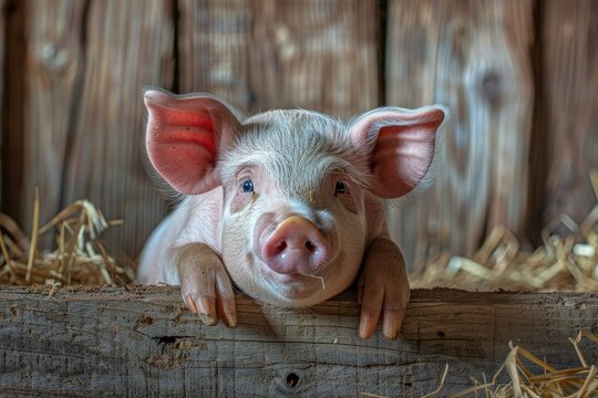 Portrait of a Cute Small Piglet on the Farm Group of Mammals Waiting for Feed Swine in the Stall