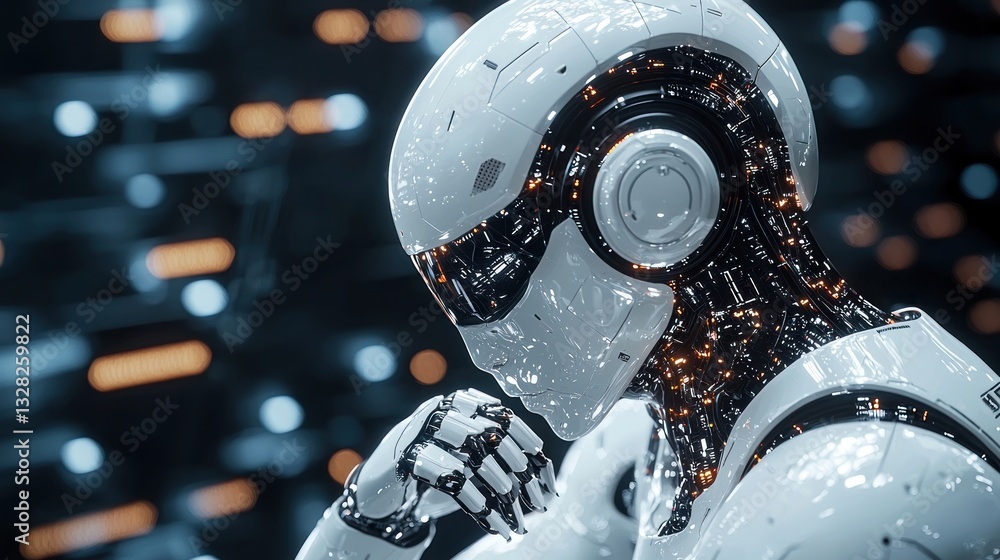 Poster pensive humanoid robot with glowing circuits.