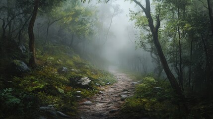 Fototapeta premium misty valley trail, where the air is thick with the scent of damp earth and unseen creatures move in the shadows.