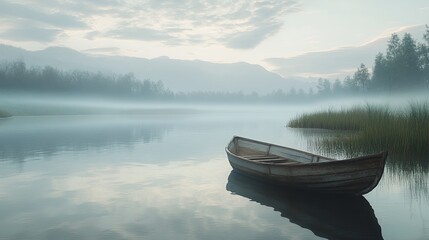 A simple wooden boat on a peaceful river, soft light and reflections creating a serene scene. pic