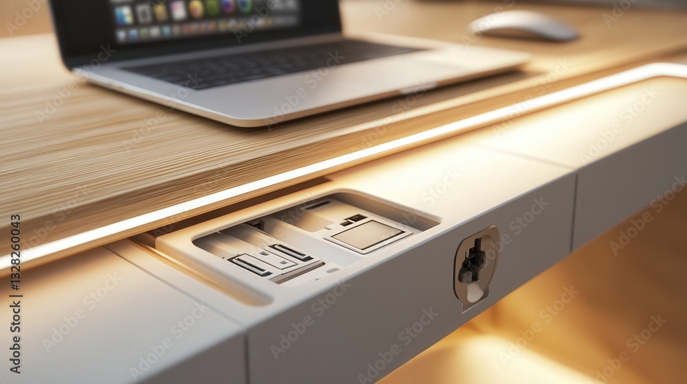 Poster modular, customizable office desk prototype with a built-in power strip, storage, and adjustable fea