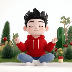 Serene Cartoon Boy Meditating in Miniature Garden 3D Render
