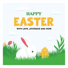 Happy Easter greeting card with Easter bunny, chicks, flowers and grass.