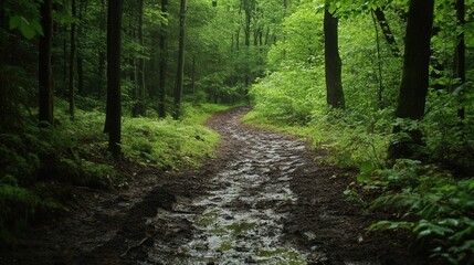 Obraz premium narrow and secluded forest trail where soft, wet soil cushions the footfalls as the sound of nature echoes around.