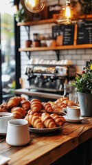 A warm, cozy caf with a selection of freshly baked croissants and coffee cups on a wooden counter. pic