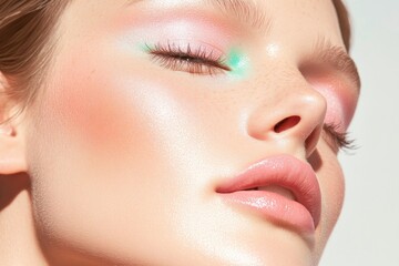 Fototapeta premium close-up of model face showcasing vibrant spring makeup with pastel eyeshadows and rosy cheeks