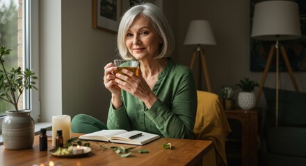Mature Woman Relaxing with Herbal Tea and Journal by the Window