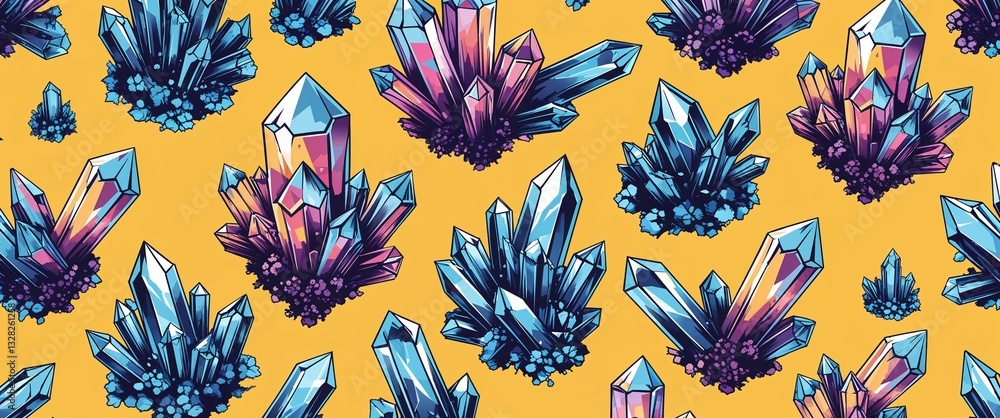Poster crystal clusters pattern on yellow plain background digital abstract art work illustration design